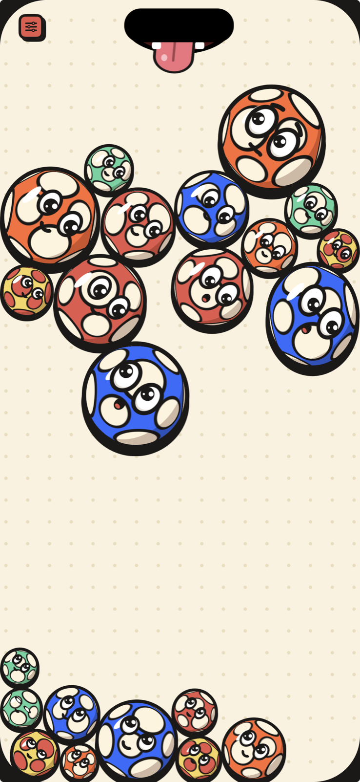 A mix of cartoon balls with faces under the Dynamic Island, which sticks out a dog's tongue, on a real iPhone