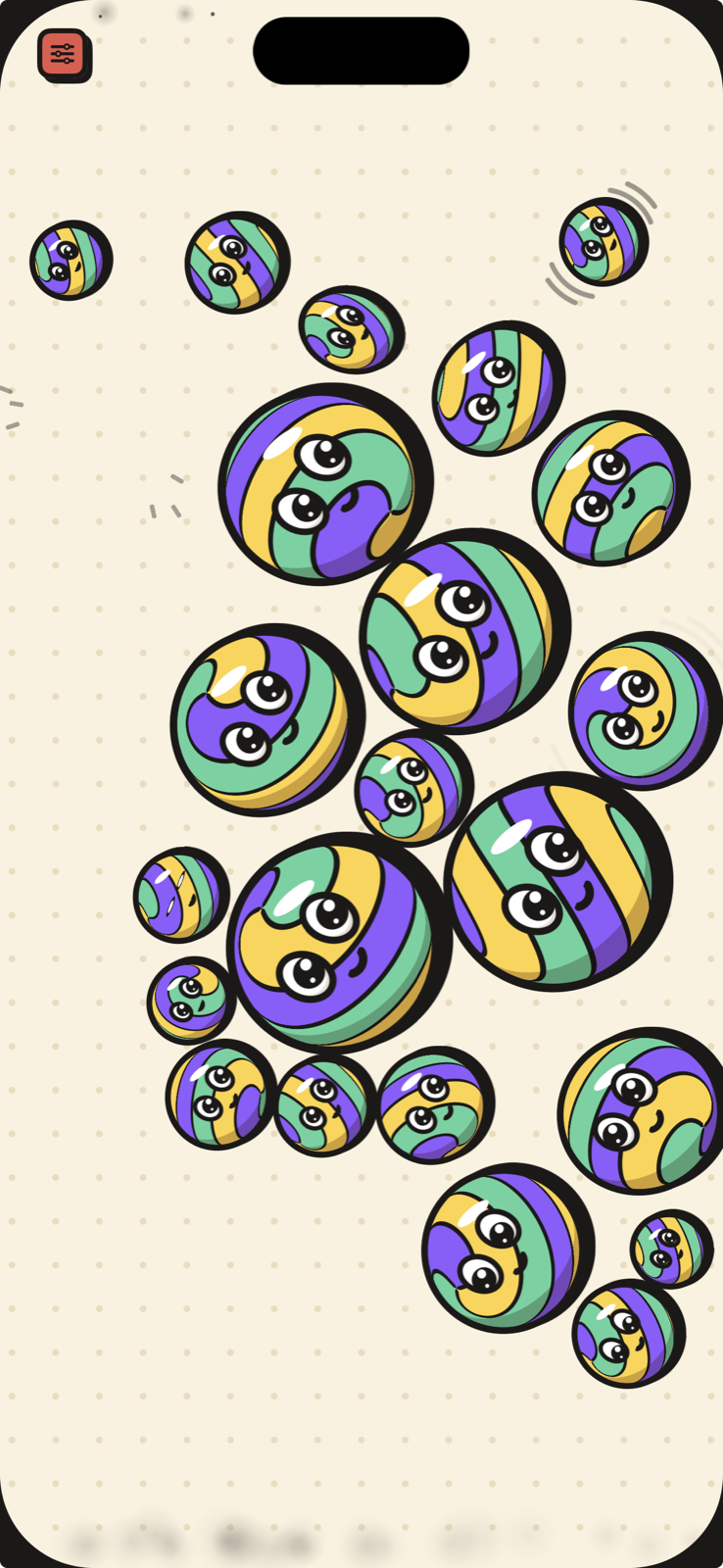 Striped superballs with faces flying around mid-shake, on a real iPhone