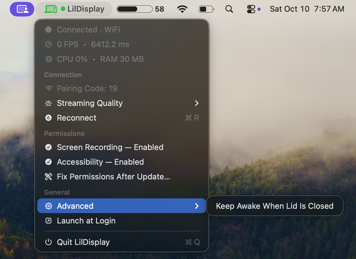 Advanced menu: Keep Awake When Lid Is Closed