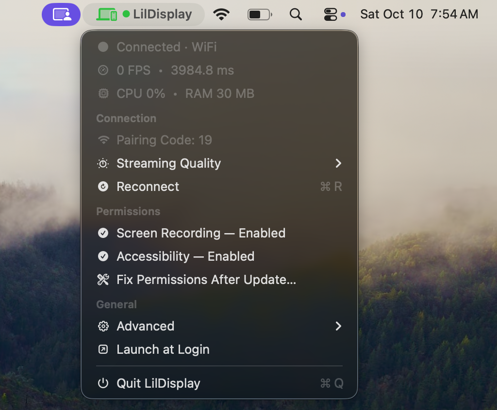 LilDisplay menu bar with pairing code and options