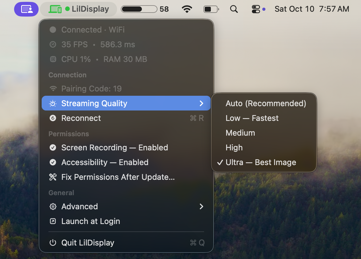 Streaming Quality options: Auto, Low, Medium, High, Ultra