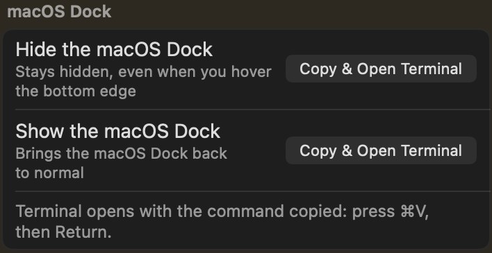 The macOS Dock section of LilDock Settings with Hide and Show buttons