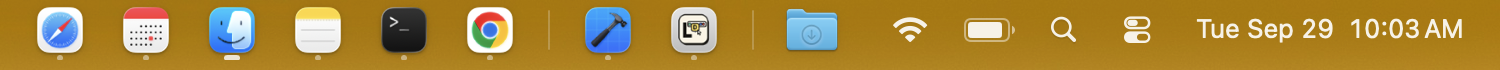 The real LilDock strip in a Mac menu bar: Safari, Calendar, Finder, Notes, Terminal, Chrome, Xcode, a divider, then Downloads, followed by Wi-Fi, battery and the clock