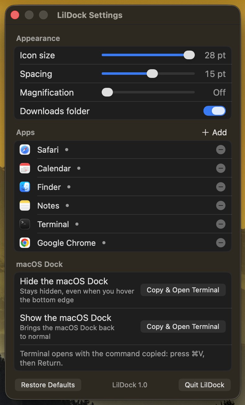 LilDock Settings with icon size, spacing, magnification, the Downloads toggle and a list of pinned apps