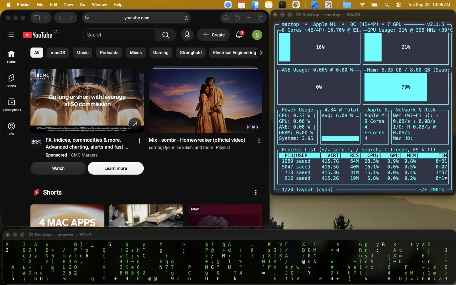 Safari, a system monitor and a terminal filling the whole screen, with LilDock in the menu bar
