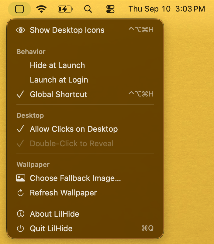 The LilHide menu open in the macOS menu bar, showing hide options