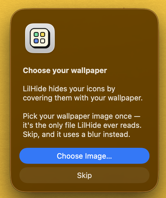 LilHide asking the user to choose their wallpaper image