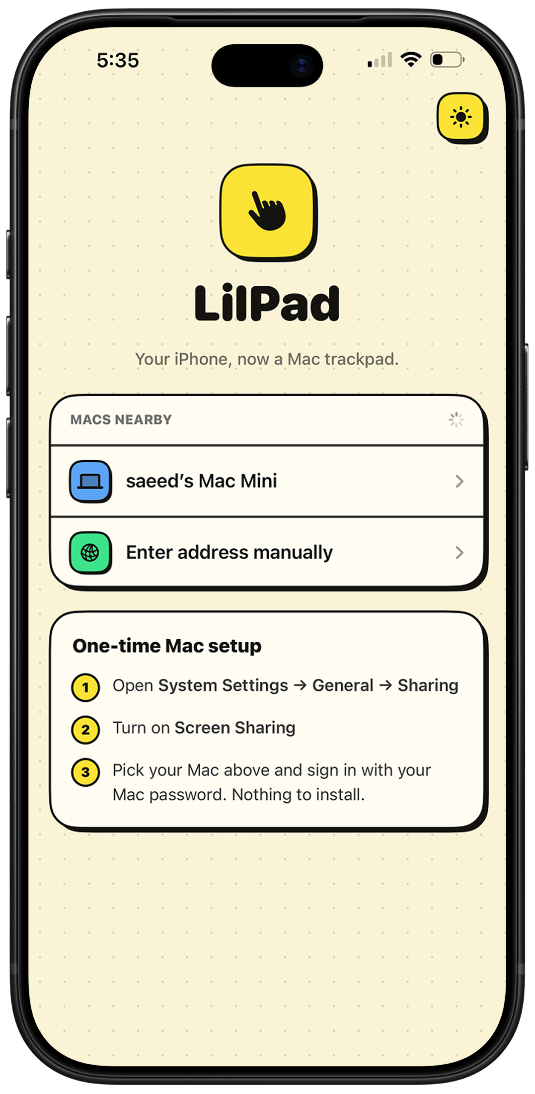 LilPad on iPhone, showing nearby Macs and the one-time setup