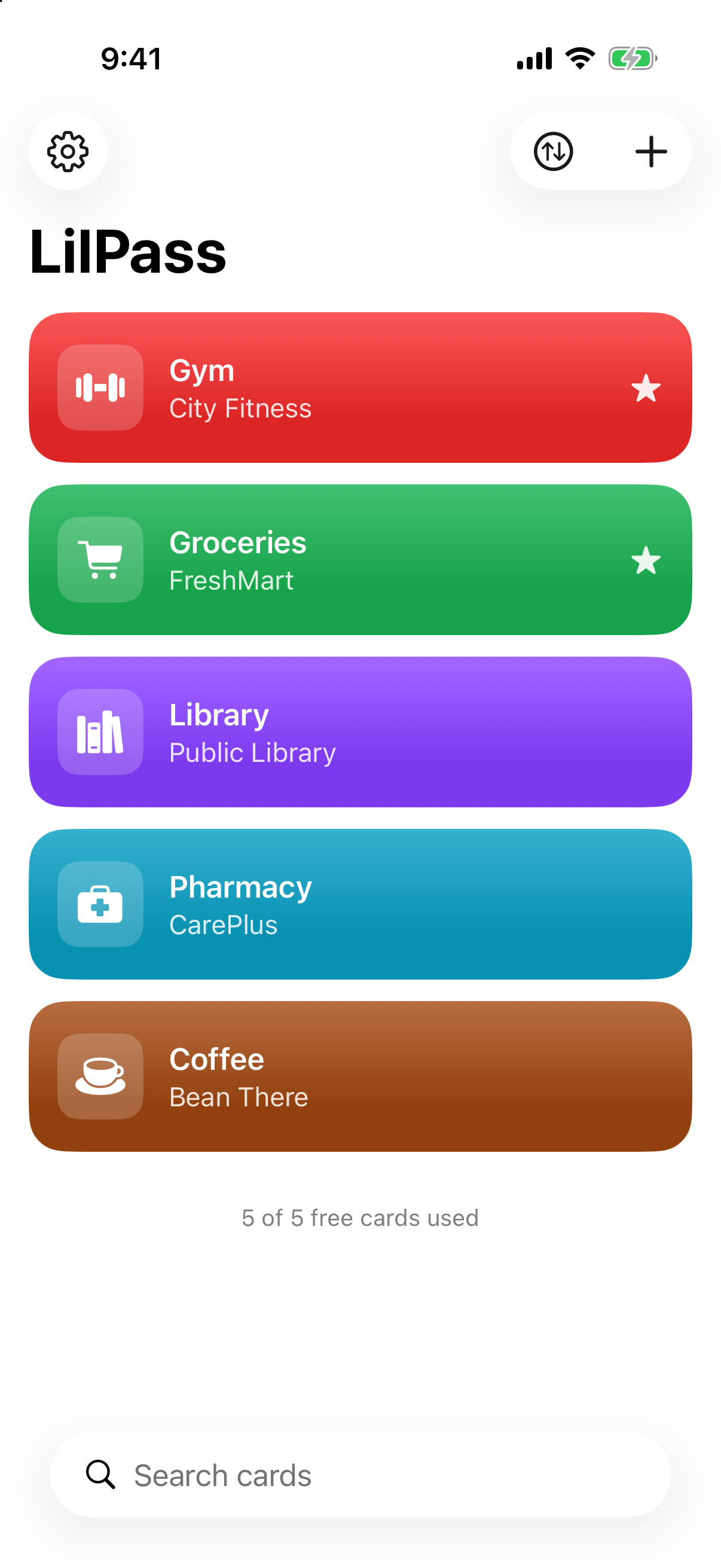The LilPass card list: Gym, Groceries, Library, Pharmacy and Coffee cards