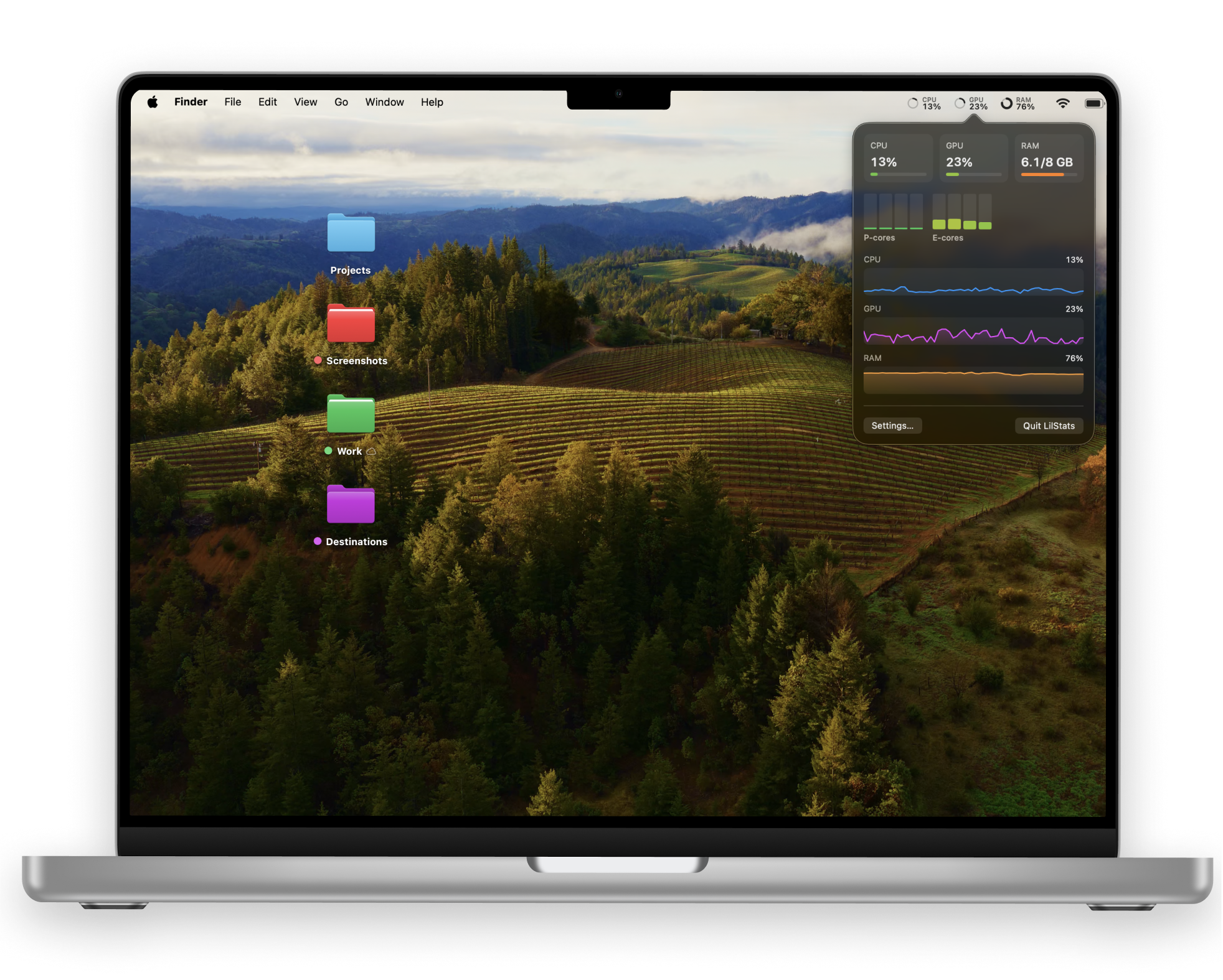 A MacBook desktop with LilStats in the menu bar showing CPU 13%, GPU 23% and RAM 76% as rings, and its popover open with P-core and E-core bars and history graphs