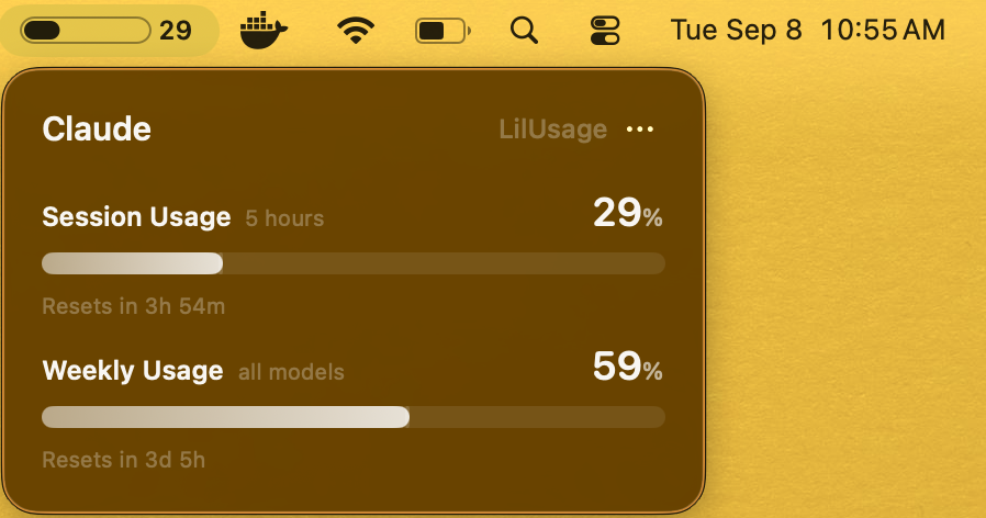 LilUsage meter in the macOS menu bar, with the panel open showing session and weekly usage