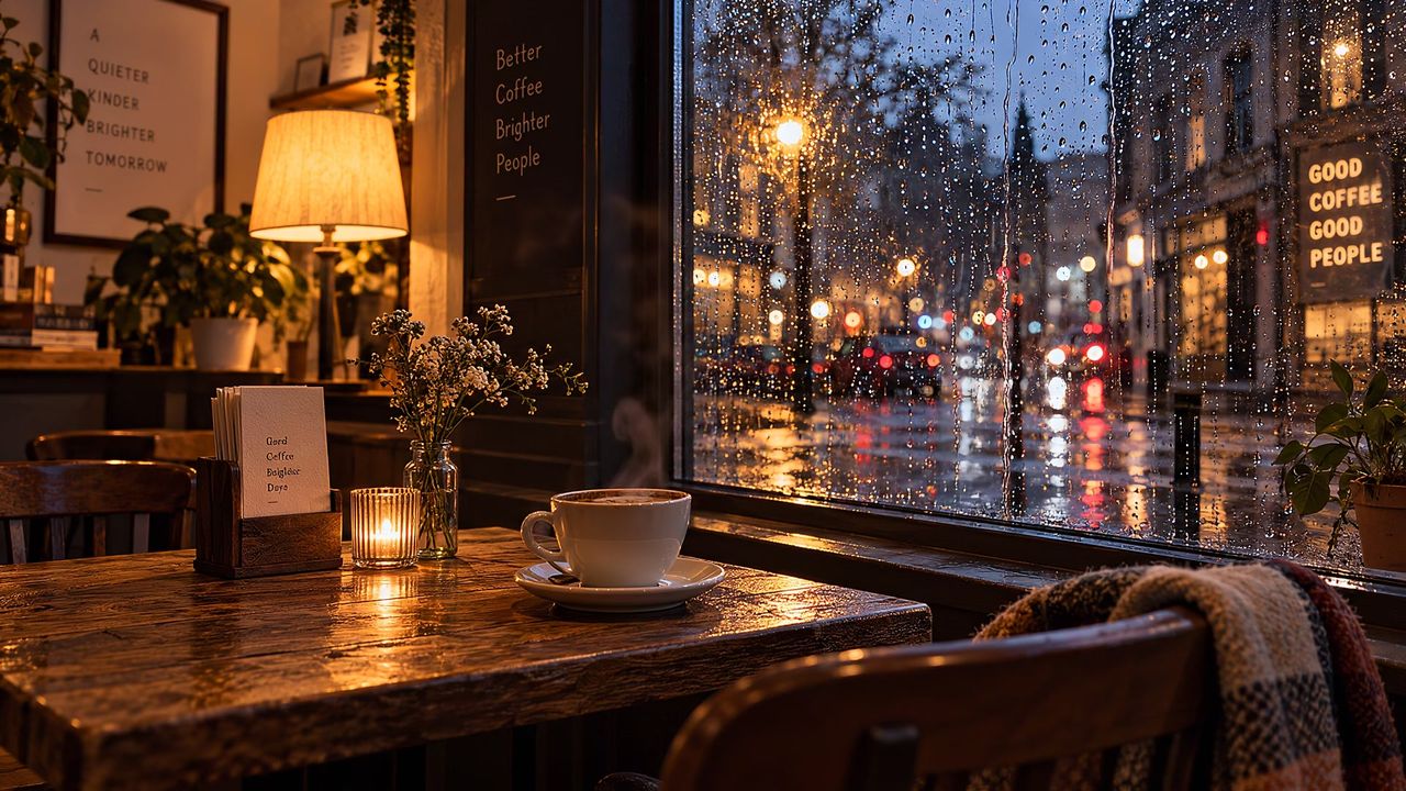 A steaming cup on a wooden café table by a rain-streaked window, city lights blurred outside