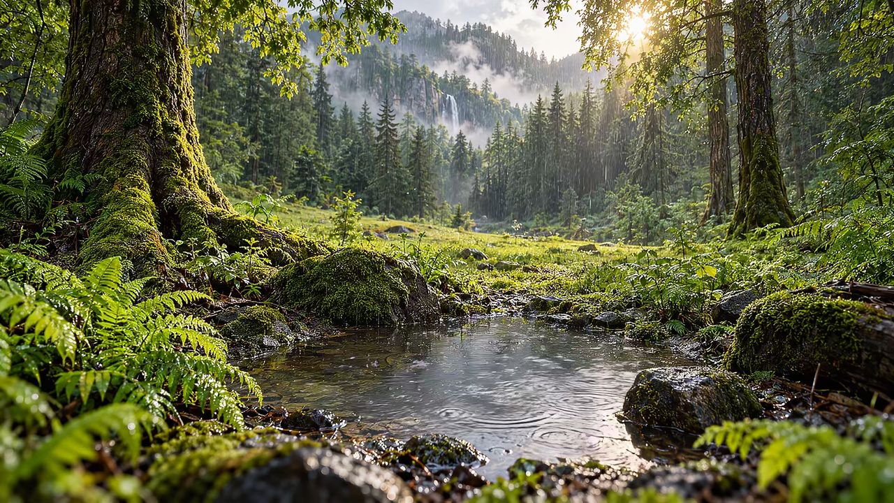 A rain-dimpled pool in a mossy forest clearing, with a waterfall in the misty hills behind