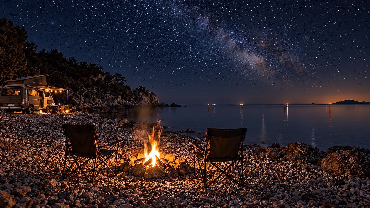 A campfire between two camping chairs on a pebble beach, the Milky Way over a calm sea