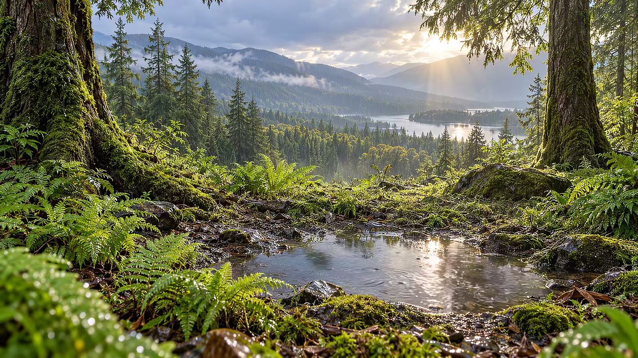 Mossy trees framing a rain-rippled pool, a forested valley and a lake under breaking clouds